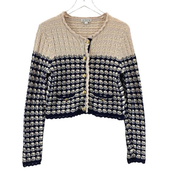 J Crew Cardigan Sweater Women Small Textured Crochet Lady Jacket Navy Blue Beige - Picture 1 of 9